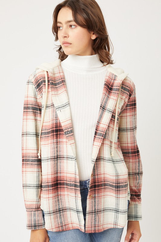 Penelope Flannel Button Up Shacket with Hood