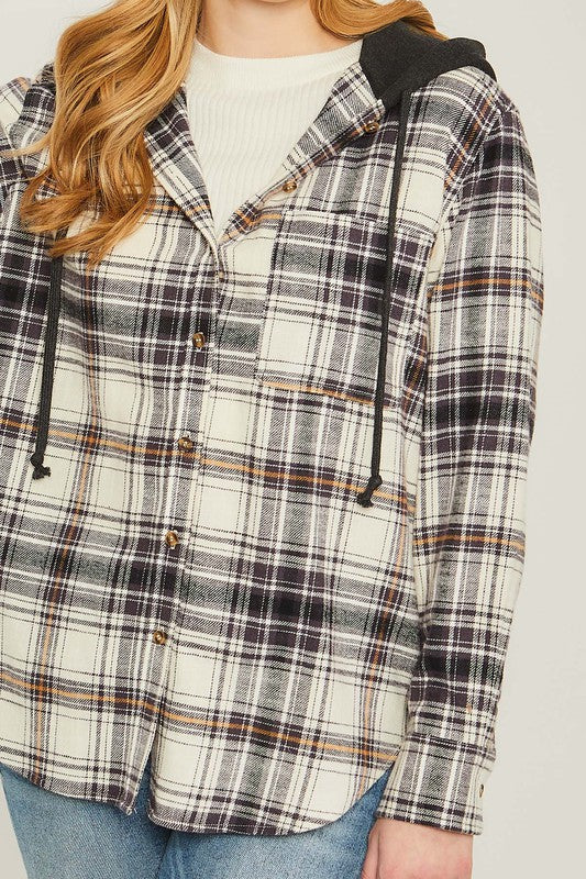 Penelope Flannel Button Up Shacket with Hood